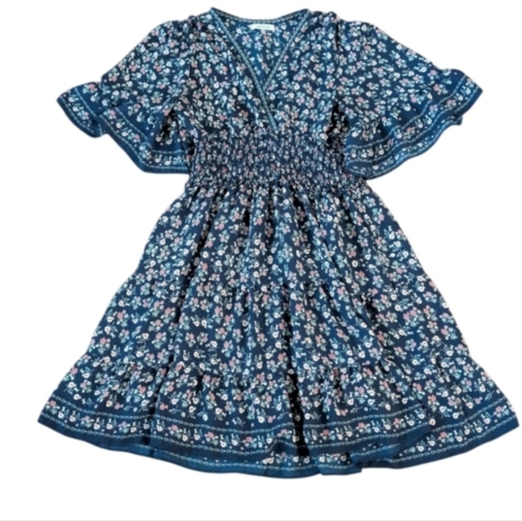 Max Studio Floral Blue Flutter Sleeve Red  Stripe Mini Dress Small - Picture 7 of 8